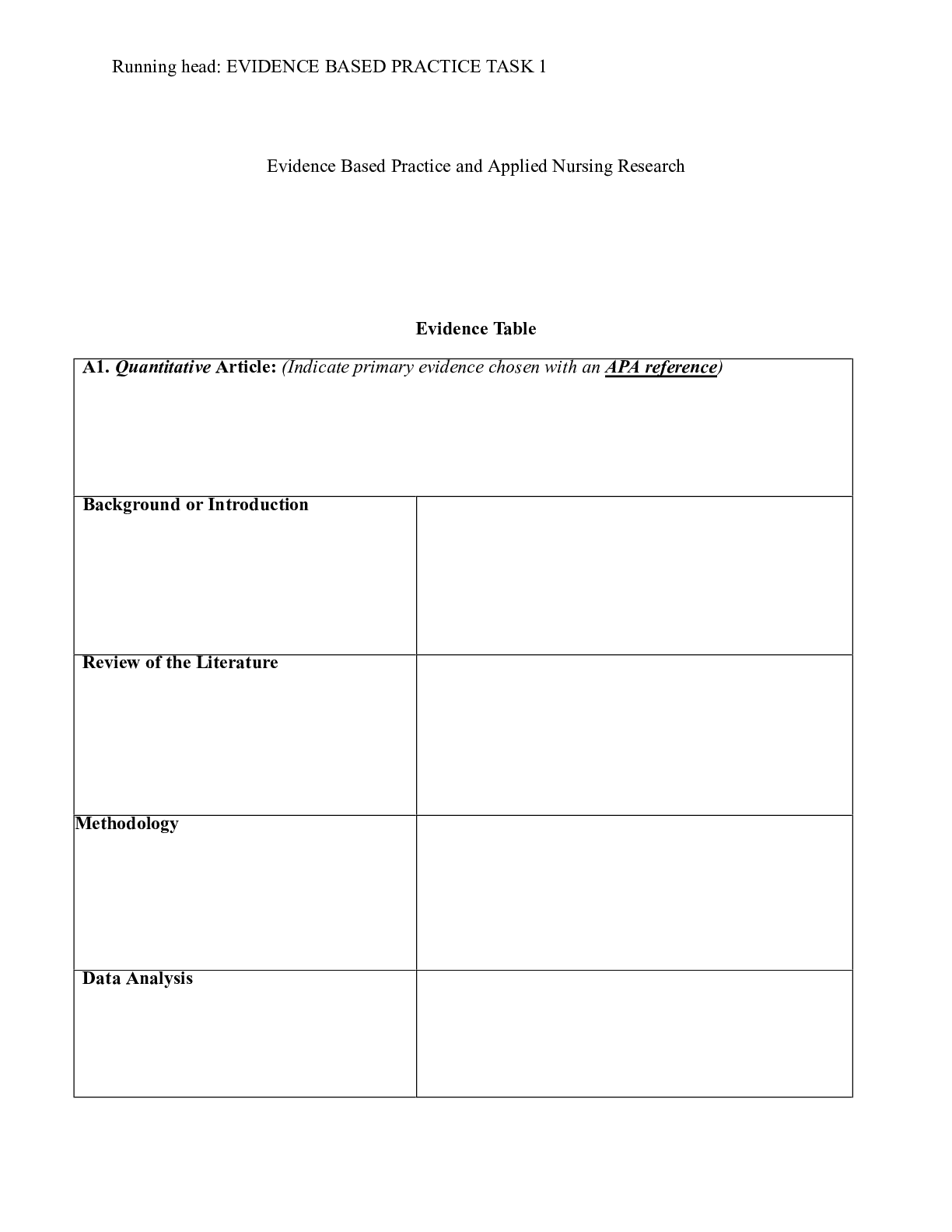 Preview image of EBP task 1.docx    Evidence Based Practice and Applied Nursing Research  Evidence Table  A document